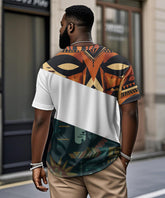 Men's Plus Size Daily Casual Stitching Tiki Mask Printed Henry Collar Button Short Sleeve T-Shirt